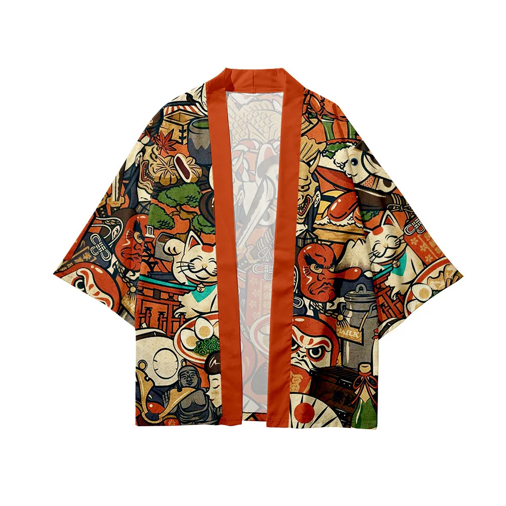 Streetwear Cardigan Demon Samurai Cat Print Shirt Japanese Kimono Haori Yukata