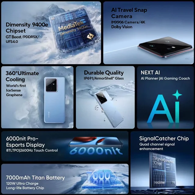 Version mondiale realme GT 7 5G AI Smartphone MTK Dimensity 9400e 6000nits Pro-Esports Display 7000 mAh Battery 120W Ultra Charge 2