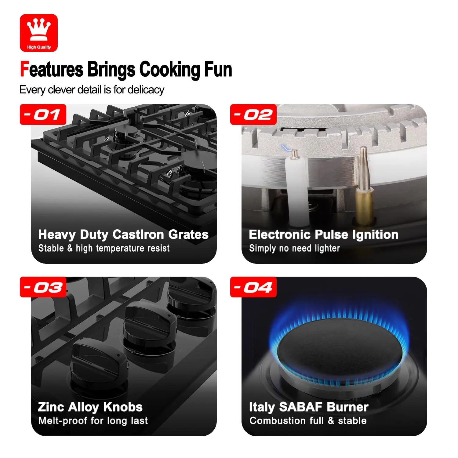 30 Inch Black, GASLAND PRO GH2304ES 4 Italy Sabaf Sealed Burner Gas Stovetop, 3.9 ft Cord Plug, Heavy Duty Cast Iron Grates 3