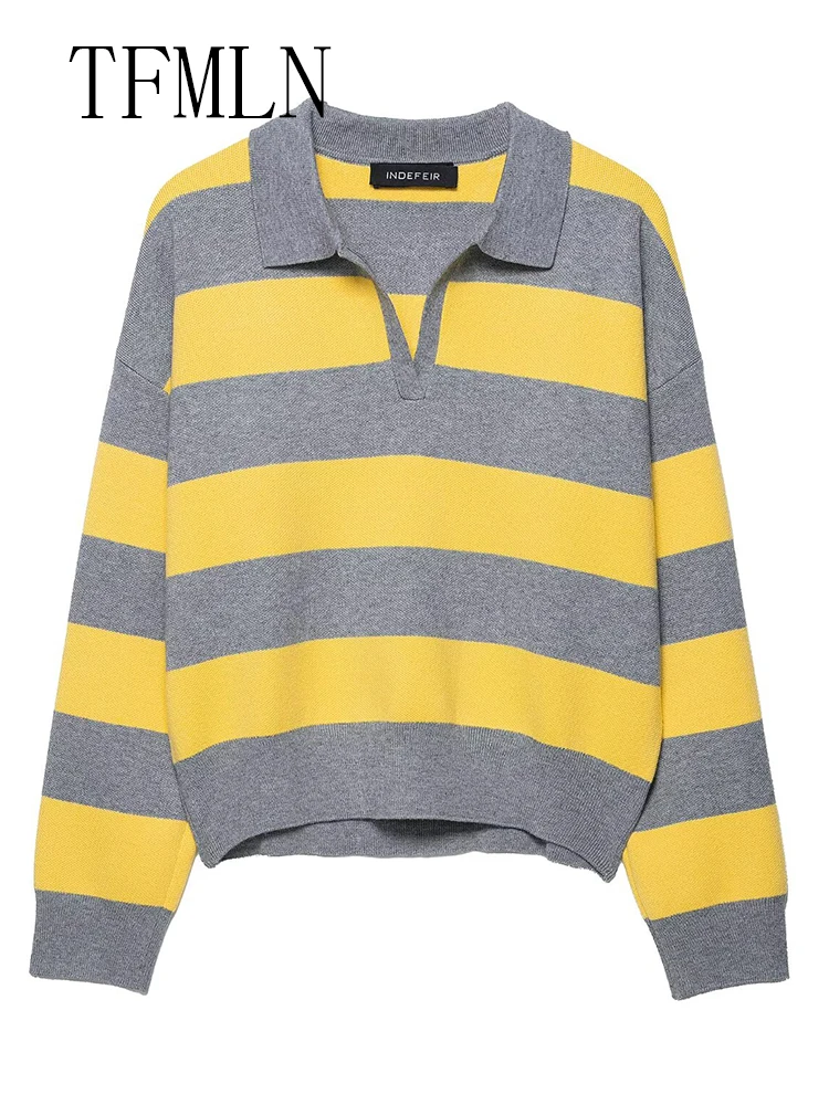 TFMLN Oversize Striped Knitter Sweater For Women 2025 Autumn Fashion Causal Loose Polo Collar Pullover Tops Chic Street Knitwear
