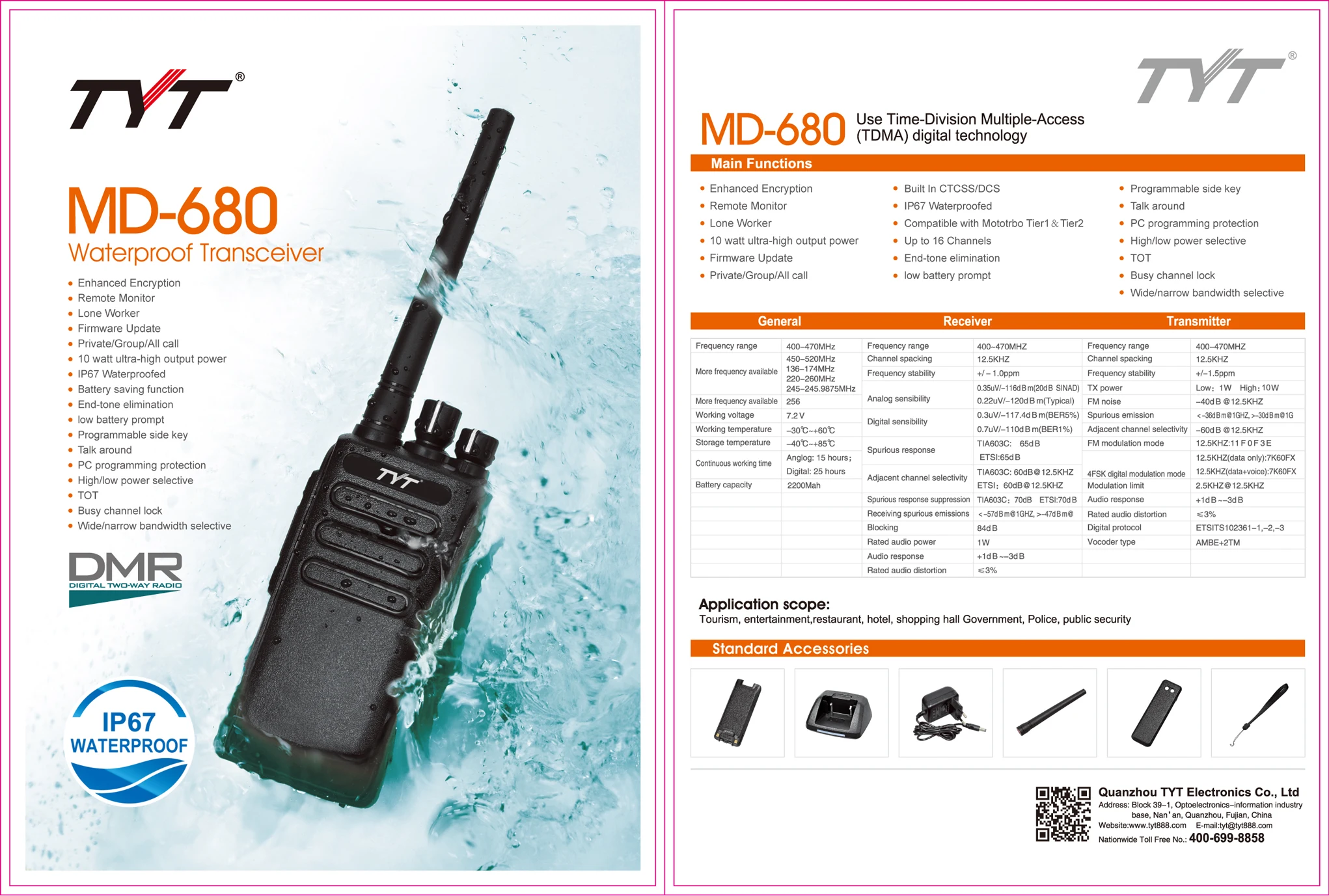 DMR TYT MD-680 ip67 waterproof 10W walkie talkie long range TIER I tier II digital handheld walkie talkie