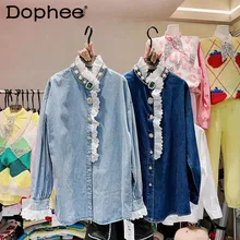 

Korean Style Heavy Industry Beads Diamond-Embedded Denim Shirt Women 2022 Spring New Loose Blusas Top Lace Stitching Jean Blouse