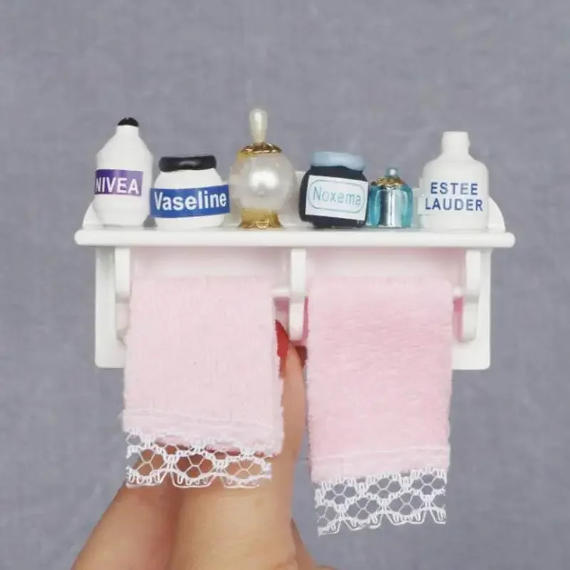 1SET 1:12 Dollhouse Minatures Bathroom Towel Rack Storage Shelf with Accessories 2