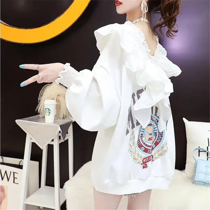 

Casual Plush Padded Sweatshirt Women's Mid-length 2022 New Ruffled Autumn Winter Loose Backless V-neck Fashion Top Printing
