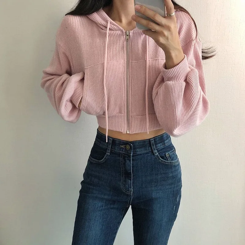 

Spring Fall Street Fashion Long Sleeve Drawstring Women Short Knitted Zip-up Cardigan Loose Casual Solid Harajuku Winter Coat