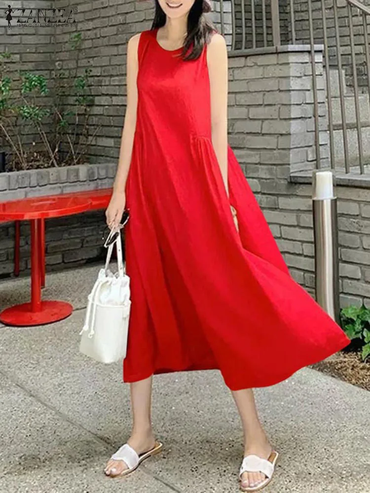 

2023 ZANZEA Fashion Sleeveless Maxi Sundress Summer Women Elegant Solid Beach Tank Dresses Sexy Side Elastic O-neck Long Vestido