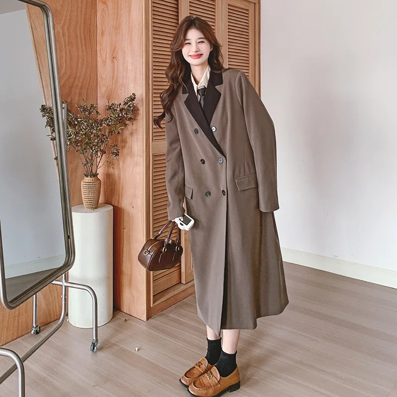 

SuperAen Korean Design Fashion Vintage Long Suit Trench Coat Spring 2024 New Color Contrast Long Trench Coat