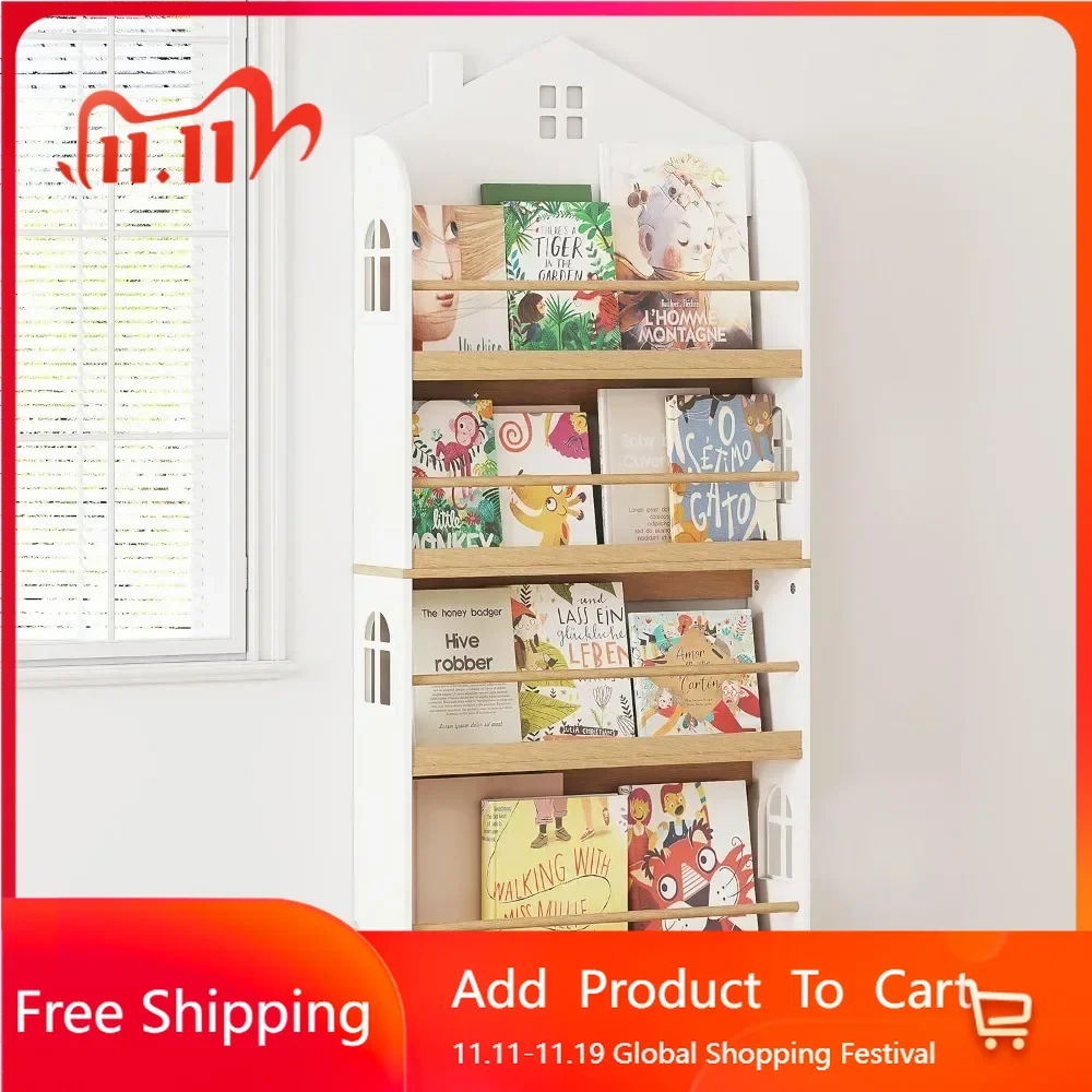 Kids Bookshelf Wall Mounted, 4-Tier Book Shelf Organizer, Tall Wooden Children's Bookcase, Storage Book Rack for Kids Room