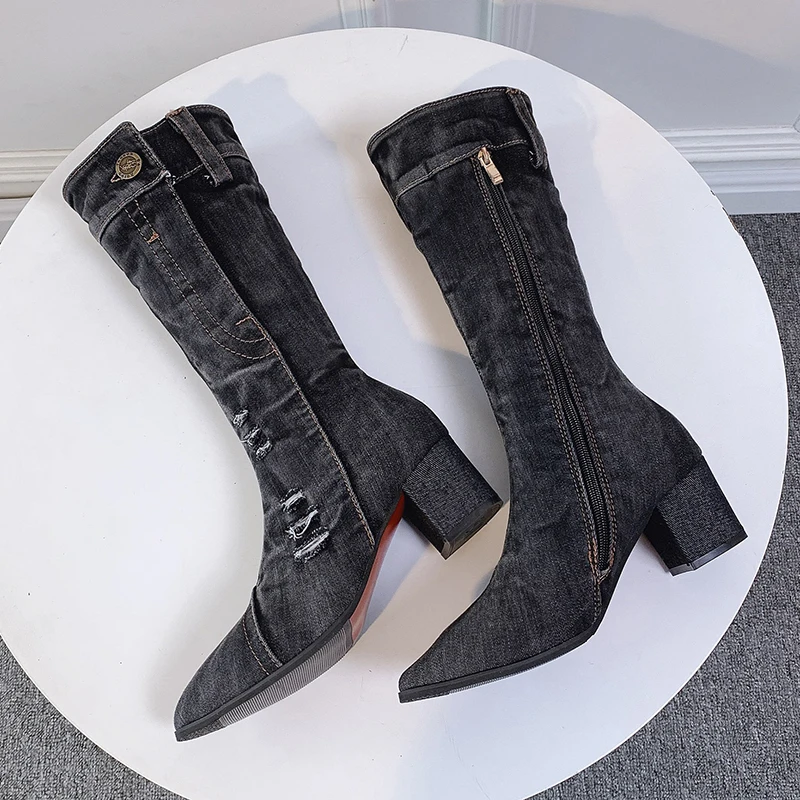 

2024 Women Chunky Denim Mid-Calf Boots Block High Heels Boots Winter Fashion Cowboy Western Boots thick heels shoes