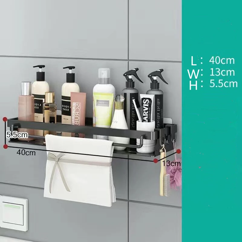 Rafturi de baie multifuncționale Raft de colț de perete fără găurire Suport de depozitare pentru duș pentru organizator de șampon pentru prosoape cu 2 cârlige