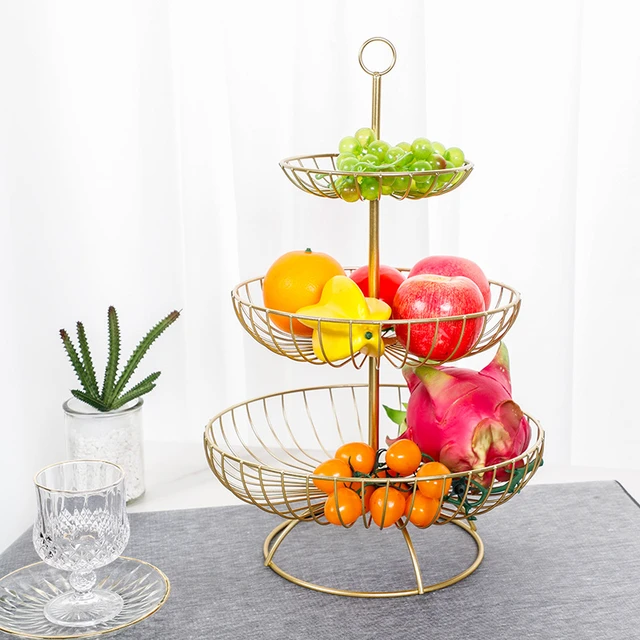 2 Tier Decorative Fruit Basket Holder Stand for Kitchen Counter, Metal Tabletop Display Bowl Organizer