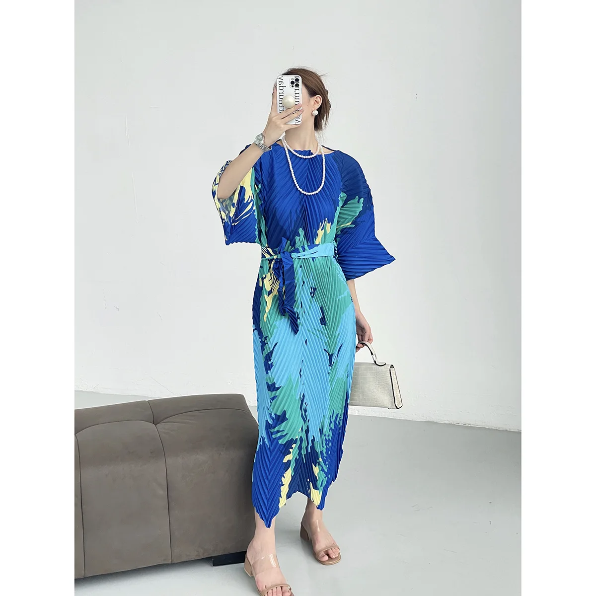 

Miyake Fold 2023 Summer New Fashion Print High Sense Dress Loose Tie Waist Temperament Long Dresses for Women