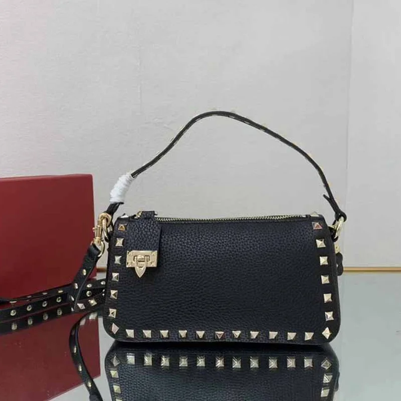 100 Leather Black Bag With Rivets Small Purses And Handbags Luxury