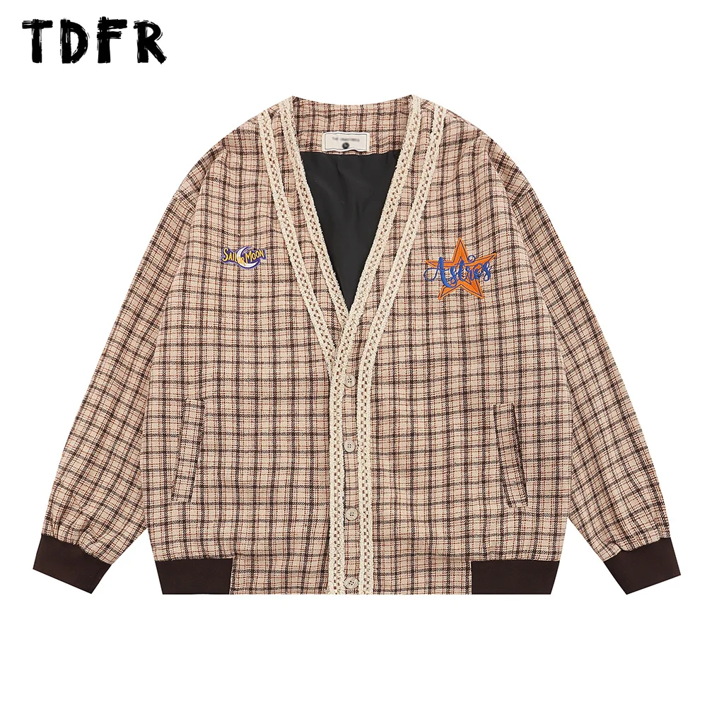 

Plaid Jacket Mens Letter Embroidery Autumn Winter Retro Casual Loose V-neck Long Sleeve Outerwear Men