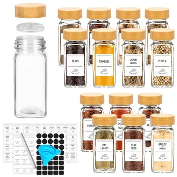 Barattoli di spezie in vetro da 12 pezzi con coperchi in bambù includono con etichette di spezie minimaliste adesivi Set di barattoli di spezie da cucina a imbuto pieghevole 1