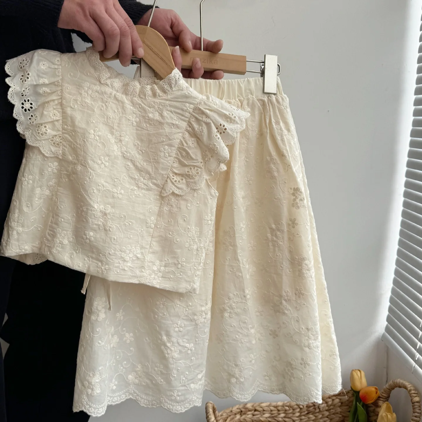 Spring Summer Korean Kids Baby Girls 2PCS Clothes Set Lace Cotton Sleeveless Tops Elastic Waist Dress Suit Toddler Girls Outfits kids clothing set girls clothing set
