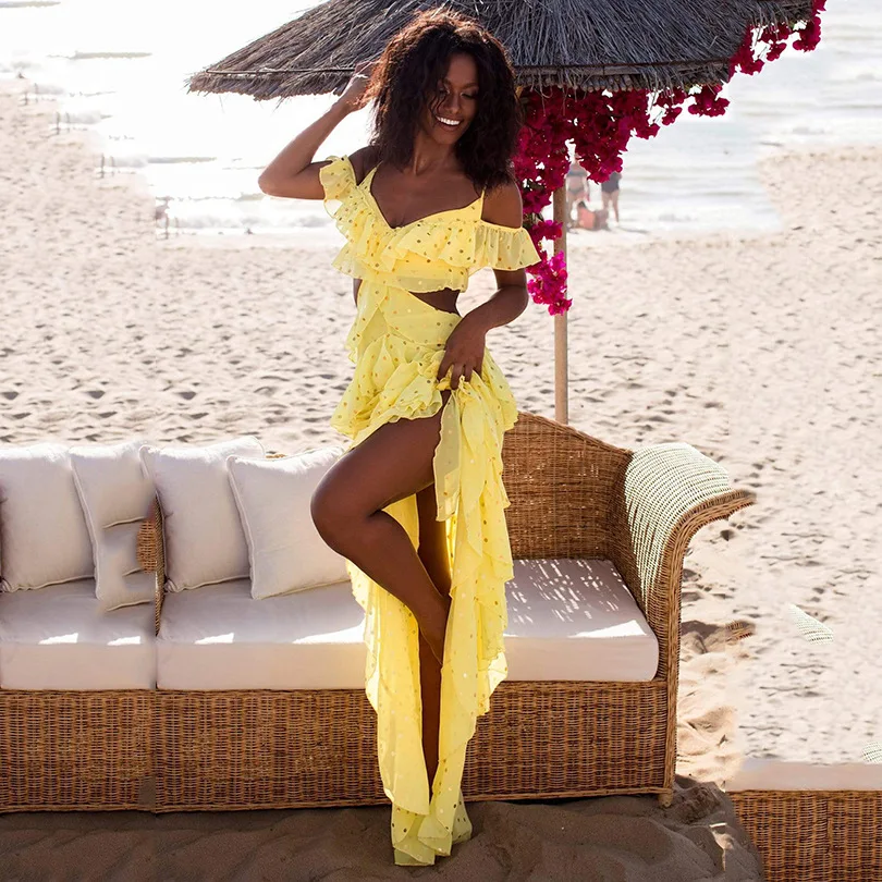 

Женское платье с открытыми плечами, фатиновое платье с открытой спиной, шикарное и элегантное однотонное пляжное свободное платье с оборками для отпуска, 2022