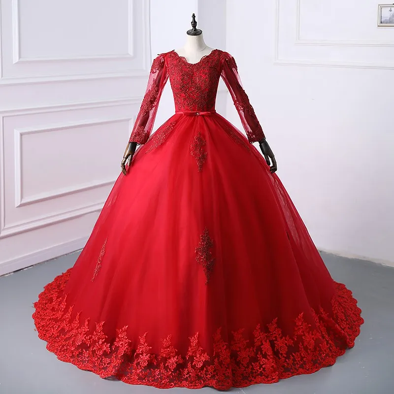Long Sleeve Belt Lace Quinceanera Dress With Sweep Train Luxury Party Prom Dress Plus Size Vestidos 15 For Girl Customized