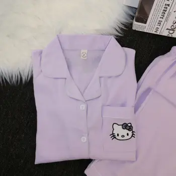 التطريز مرحبا كيتي منامة مجموعة المرأة خريف شتاء طويلة الأكمام سترة وبنطلون ملابس المنزل الكورية دعوى ملابس خاصة