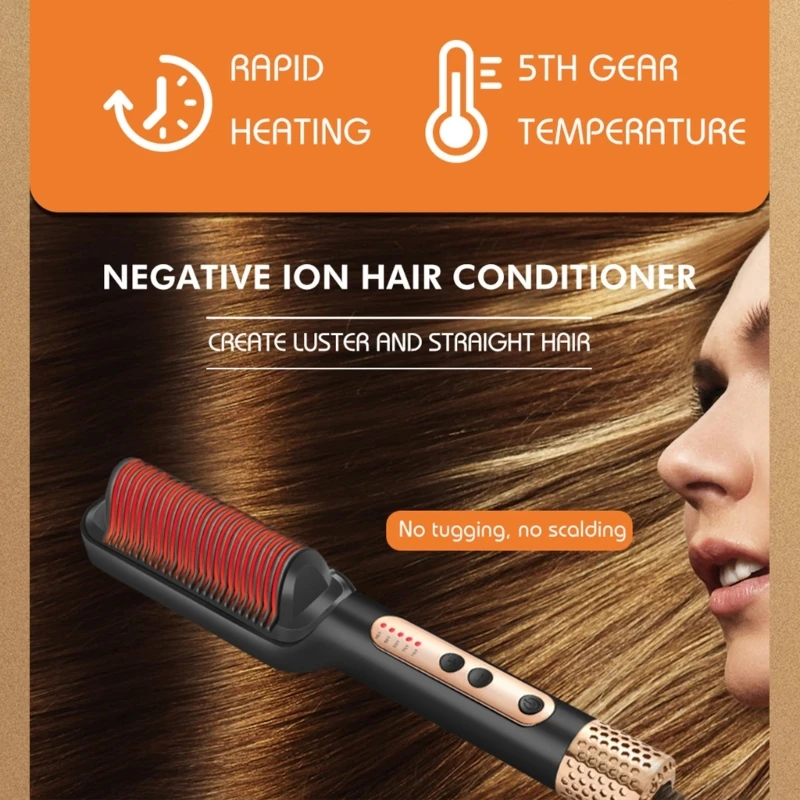 Hair Straighteneing Brush Negative Ion Hair Straightener Brush with 5 Temp Settings Quickly Heating & Anti-Scald Comb