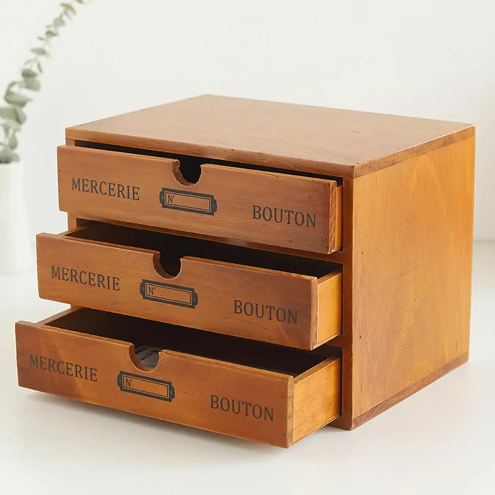 Retro Multi-layer Wooden Desktop Drawer Storage Box Cabinet Organizer Supplies retro file bag strap kraft paper envelope file storage bag winding strap envelope bag postcard greeting card letter supplies