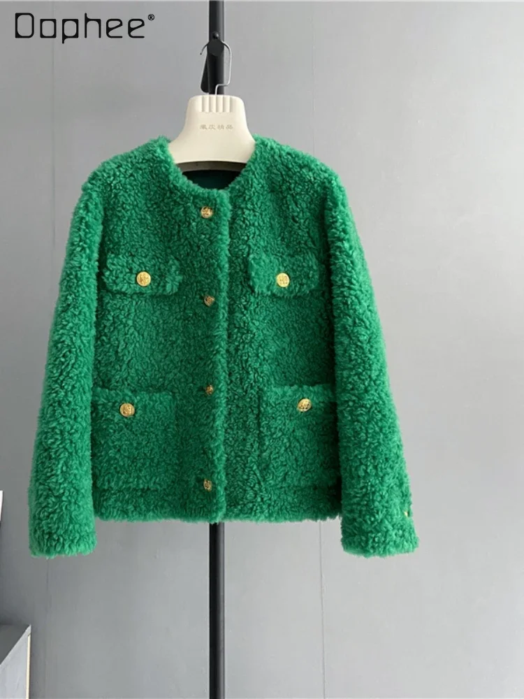 Casaco Preto Feminino 100 Australian Wool Green Pure Cashmere Coat 2023 New Young Ladies Gold Buckle Lamb Fur Jacket for Women