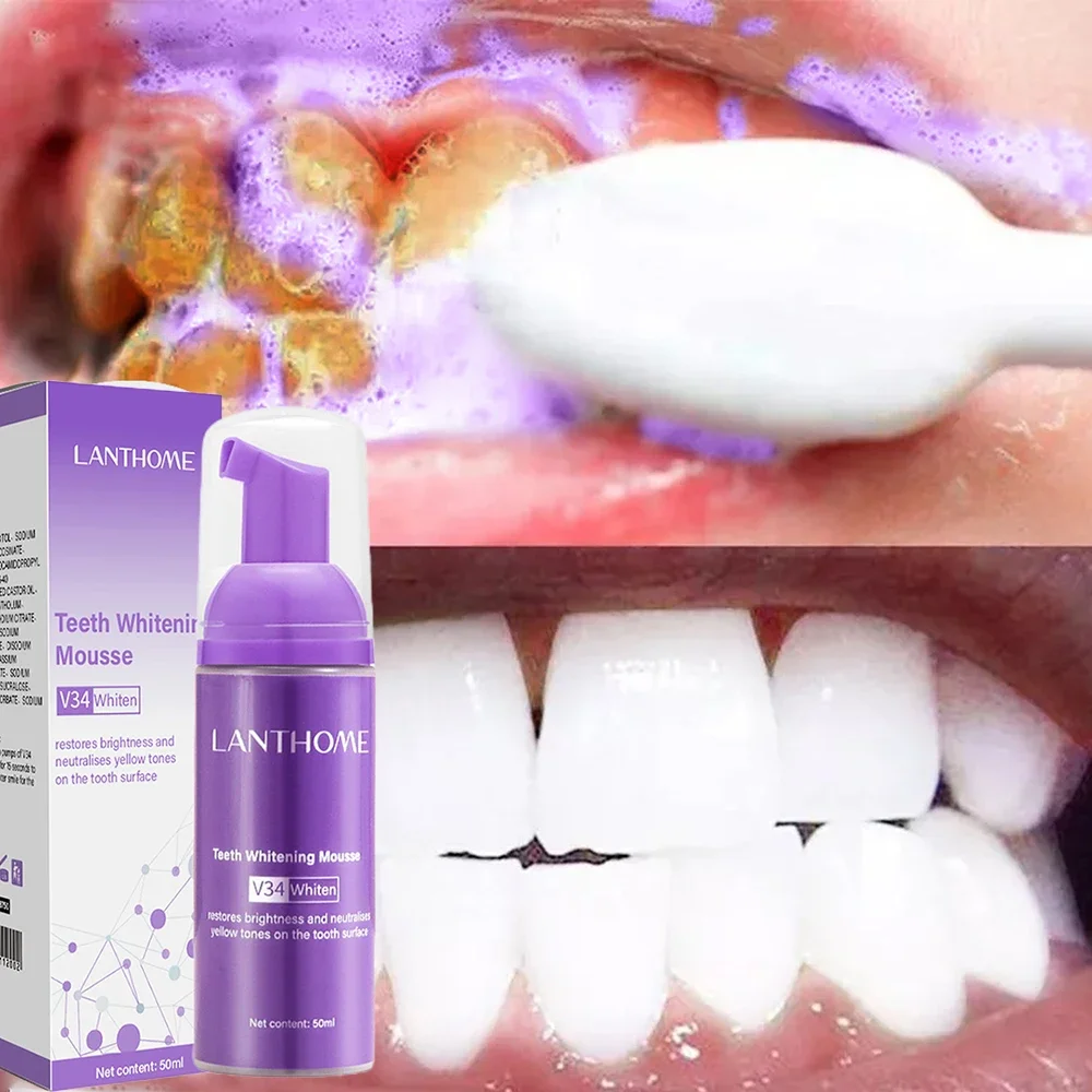 

V34 Teeth Whitening Mousse Purple Toothpaste Deep Oral Cleaning Dislodge Yellow Stain Dental Plaque Fresh Breath Tooth Care 50ml