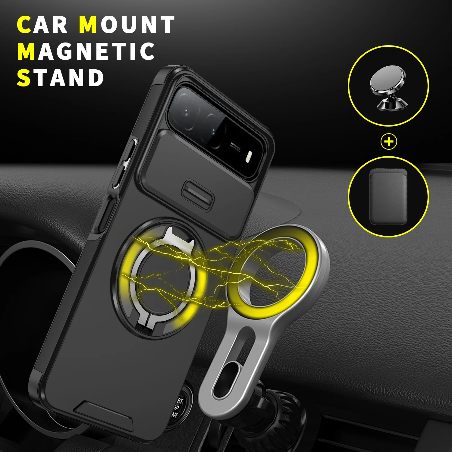 Shockproof Armor Phone Case with Magnet Holder and Lens Protection Cover