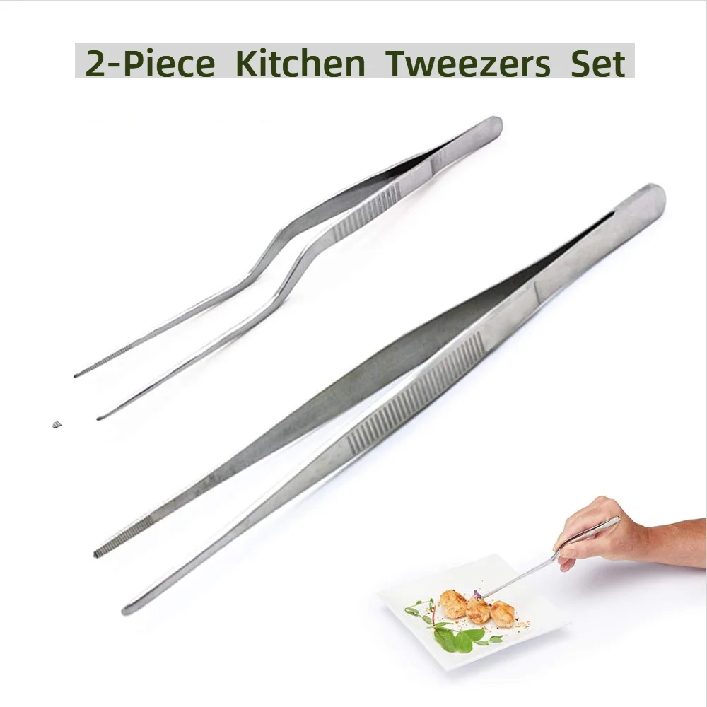 2Pcs Stainless Steel Kitchen Tweezers Set,Precision Serrated Tips Chef's Tongs for Cooking Food Design,Garnish,Cake Decorating