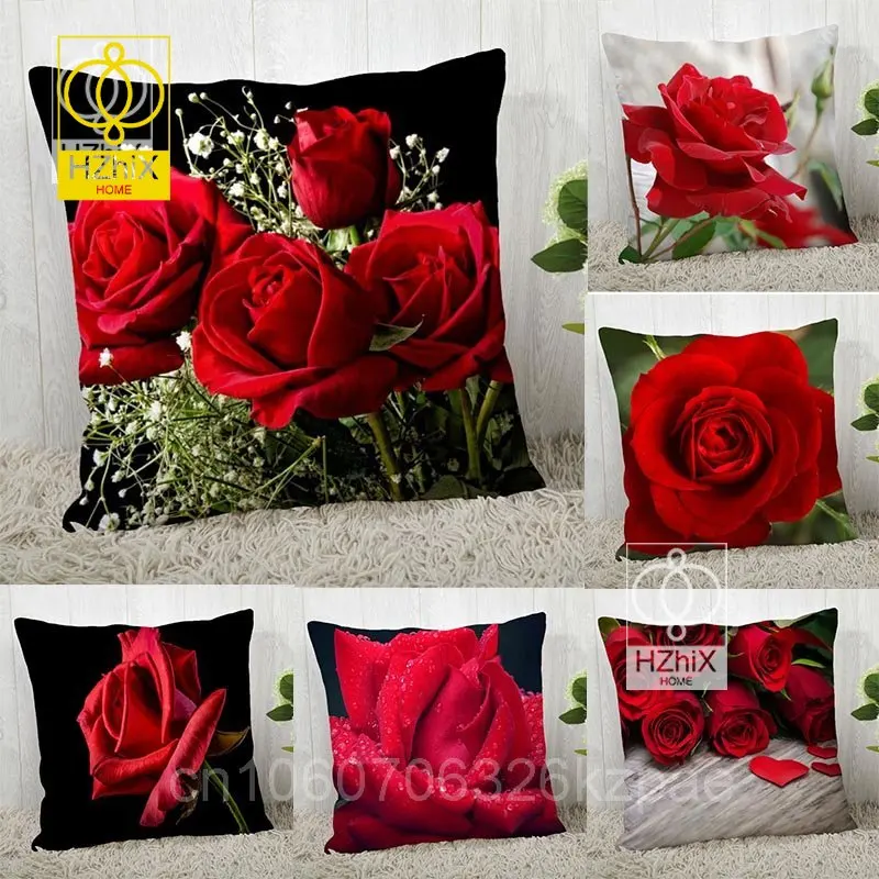 RedRoseFlowerPrintCushionCoverSofaOfficePillowcaseDecor