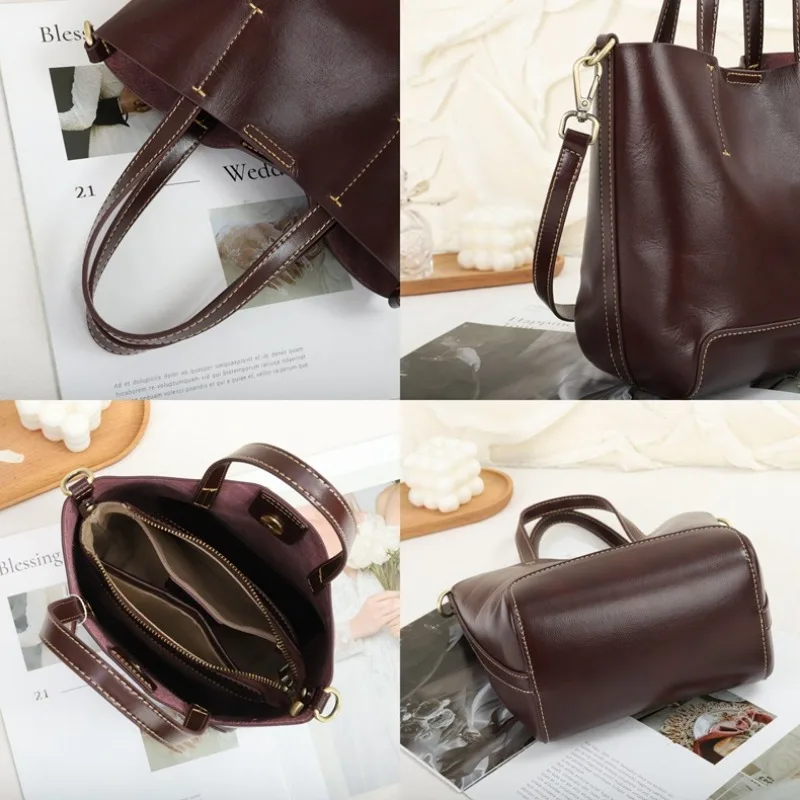 New Women's Bag Versatile Portable Messenger Bag Vintage Leather High-grade Vegetable Tanned Leather Bucket Bags сумка женская