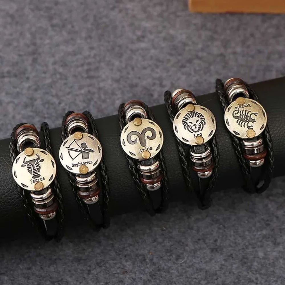 Pulsera De Cuero Trenzado Para Hombre Y Mujer, Horóscopo Con 12 Signos Del Zodiaco, Barata, Venta Al Por Mayor