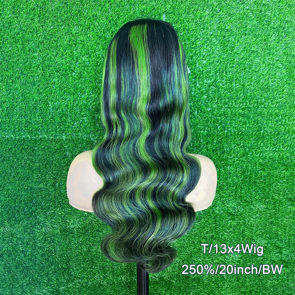 Highlight  Black With Green 13x6 Transparent Lace Frontal Wigs Human Hair Wig For Women Brazilian  Hair Glueless Full Lace Wigs