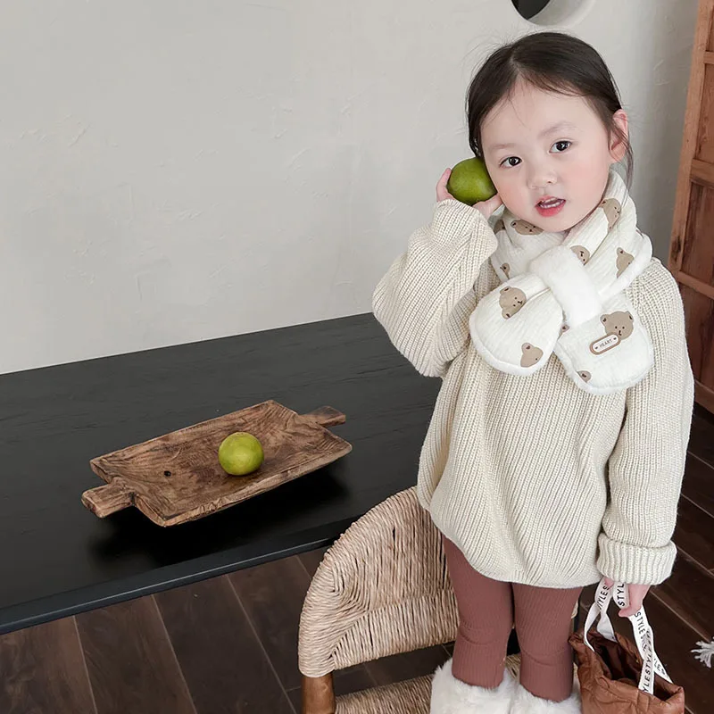 Winter Baby Cartoon Bear Scarfs Warm Fleece Kids Neck Warmer Cross Children Scarves for Girls Boys Baby Christmas Accessories