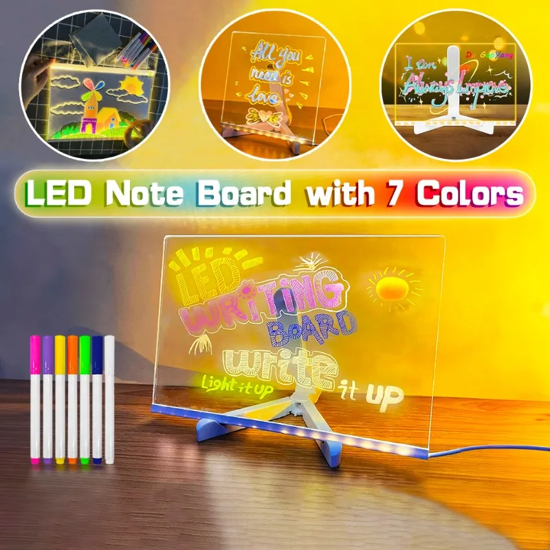 Lavagna trasparente a led magica con disegno acrilico luminoso, lavagna per appunti, regalo di giocattoli educativi fai da te per bambini, con supporto, con 7 pennarelli colorati