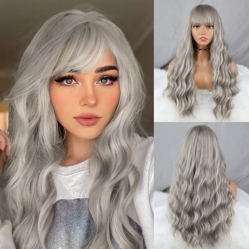 

Grey Wig Long Wave Secondary Ribbon Bangs Synthetic Wig Women's Cost-effective Cosplay