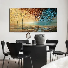 

Classic Blue Yellow Trees Leaves Sunshine Oil Painting On Canvas Print Poster Wall Art Picture Living Room Interior Home Decor