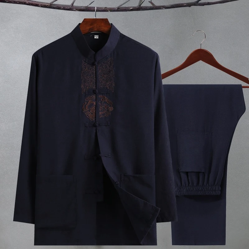 Plus Size Men Kung Fu Suit Embroidery Tang Suit Spring Autumn 2PCS Shirt&Pants Chinese Traditional Tai Chi Clothes 3XL 4XL 5XL tai chi clothing chinese traditional costume