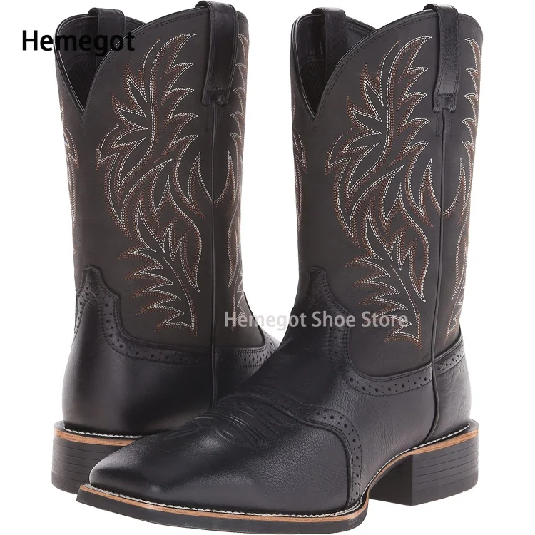 Vintage Embroidered Boots Men Knight Riding Boots Square Toe Boots Brock Carved Western Cowboy Boots Males Casual Slip-On Boots
