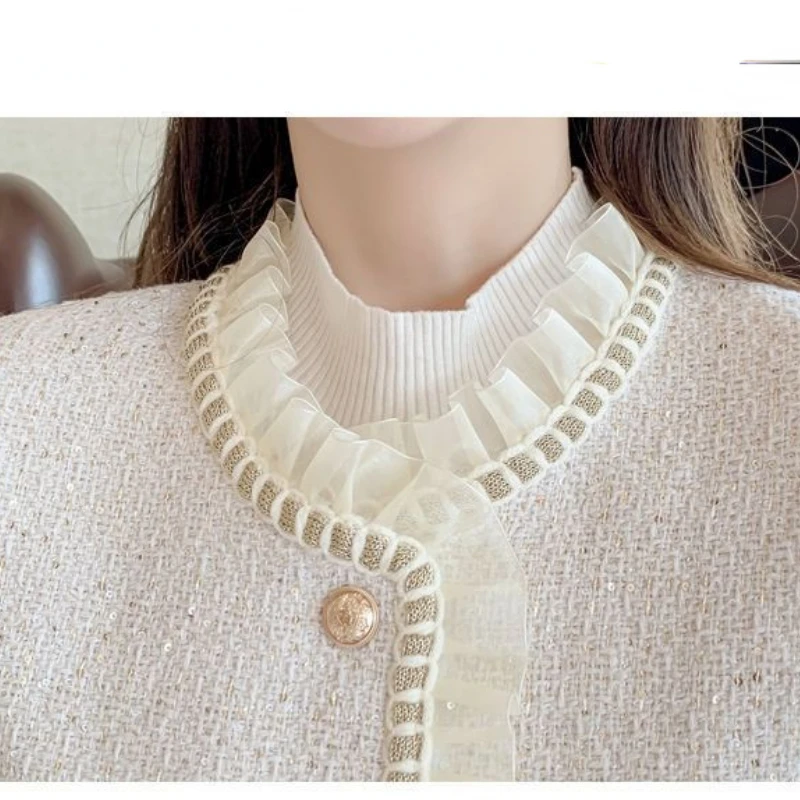 Korean Chic Tweed Jacket Women Coat Long Sleeve Vintage Mesh Patchwork Tweed Blouse Cropped Jacket Short Tops Clothes Women