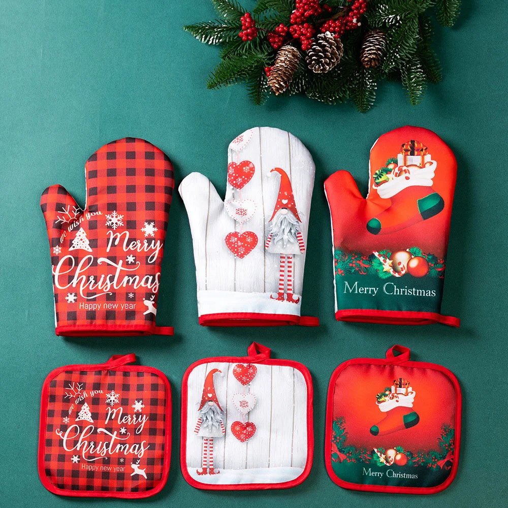 Christmas microwave glove Kitchen household anti scald baking gloves Insulated and high-temperature resistant oven Glove set kitchen silicone insulated hot hand set oven baking heat resistant thickened microwave oven gloves