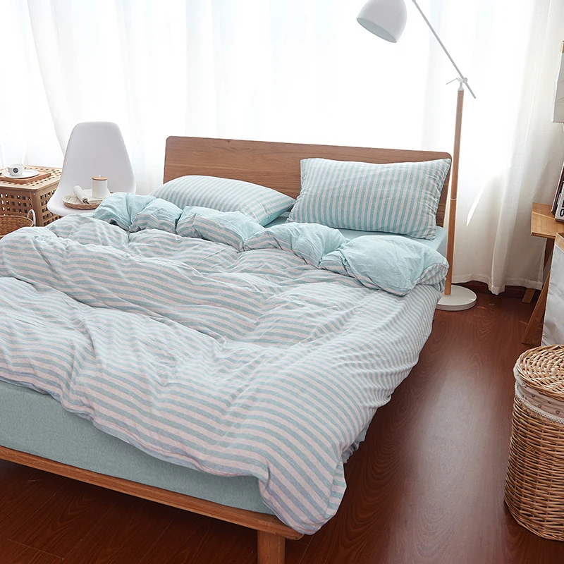 4pcs 100 Cotton Soft Jersey Knitted Bedding Sets Fresh Blue And Beige