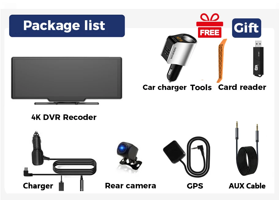 4K WiFi GPS 10.26  inch Video Recorder Car Mirror Rearview Camera Carplay&Android Auto Wireless AUX Wired Navi Bluetooth DVRs