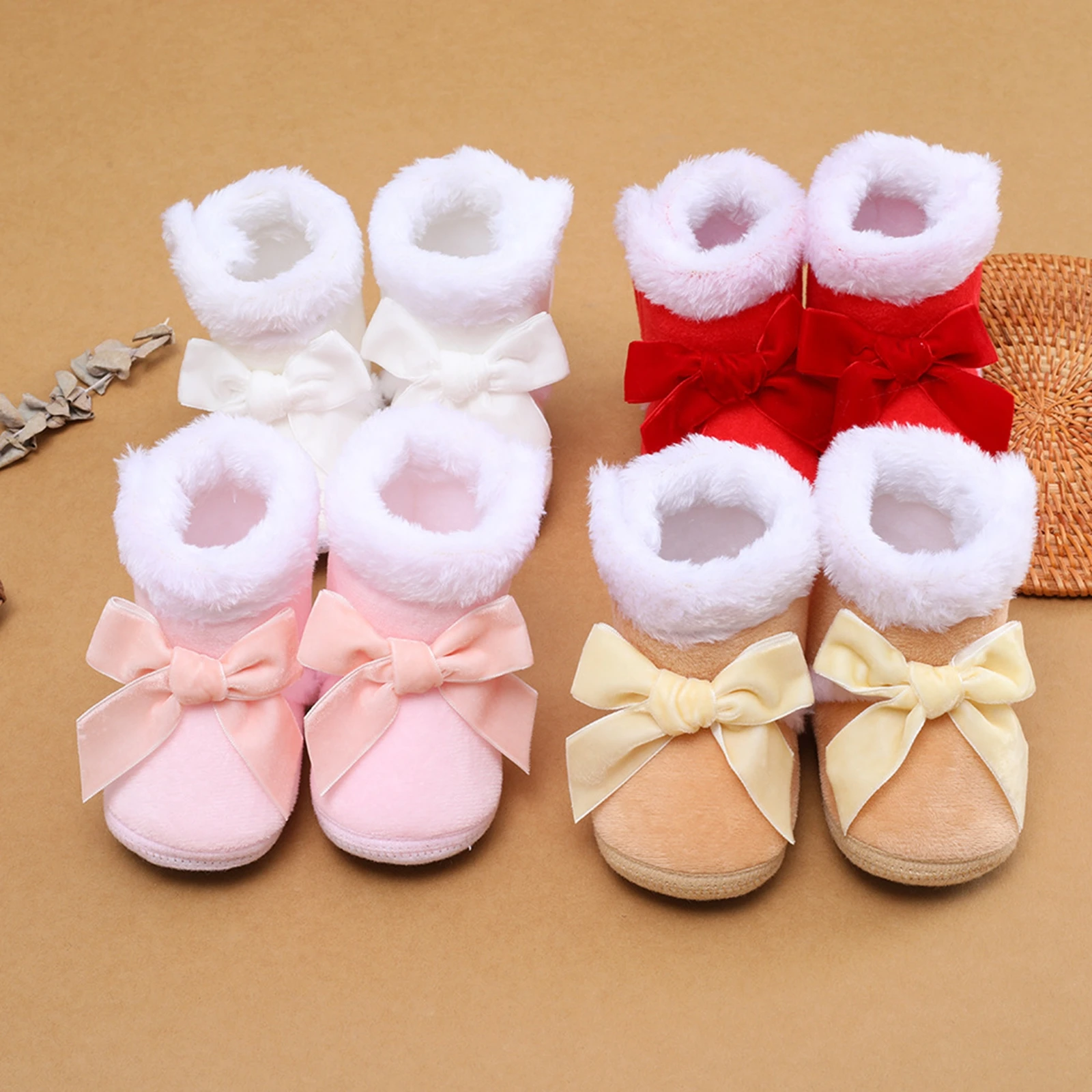 Infant Baby Girl Winter Shoes Toddler Anti-Slip Home Patch Color Big Bow Plush Warm Casual Party Winter Boots