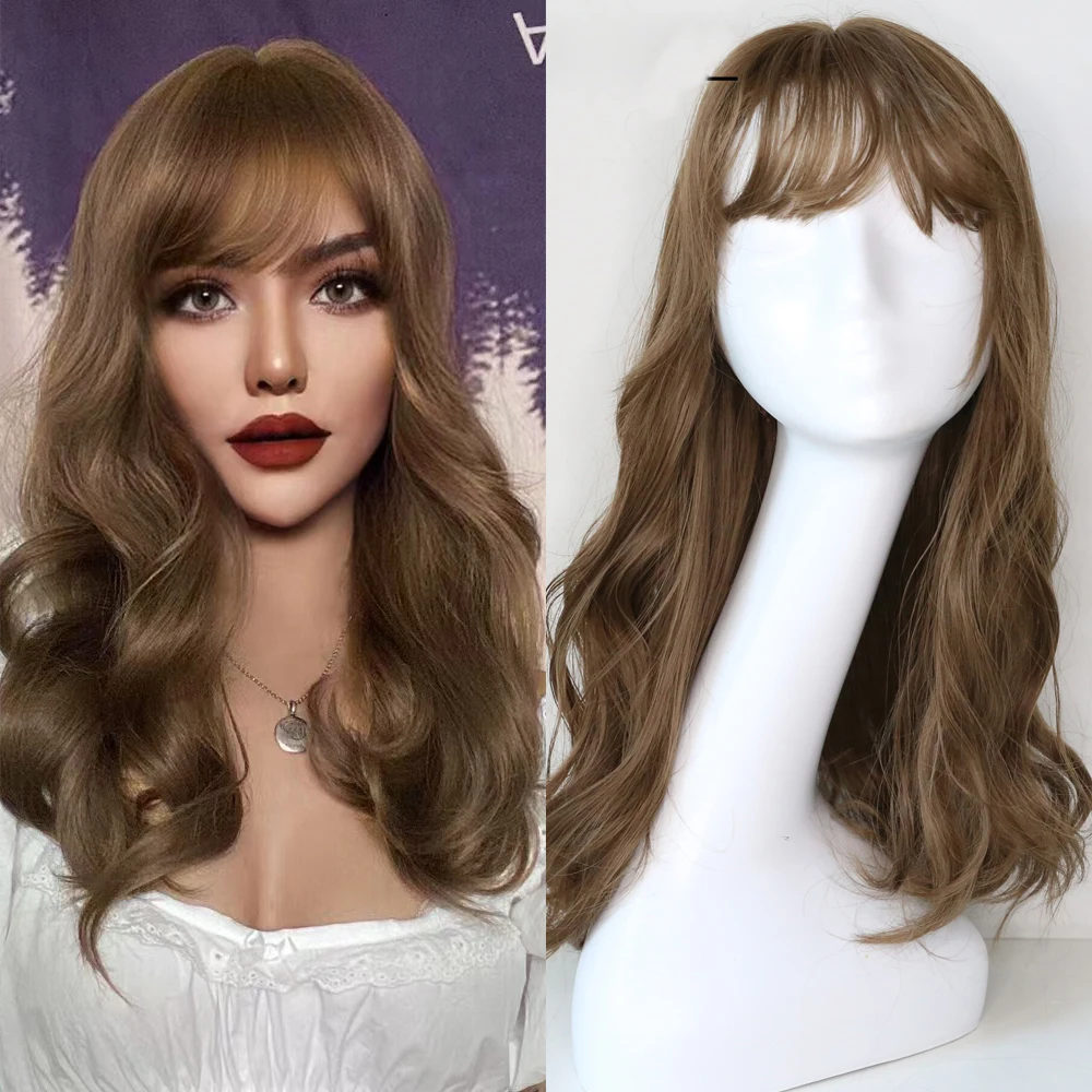 Sivir Synthetic Wigs For  Woman With Bangs  Wavy Black /Brown/Honey Tea Flax Heat Resistant Fibre Full Machine Hair Cosplay synthetic topper with bangs s curly 3d french banks women s hairpiece clip in extension for hair volume non remy machine