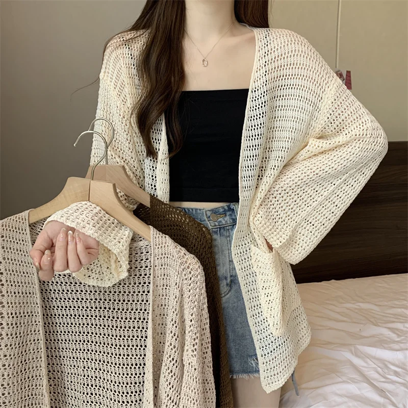 

Miiiix 2024 New Hollow Sun Protection Knitted Cardigan Women's Summer Thin Sweater Cover Top Loose Lazy Coat Female Clothing