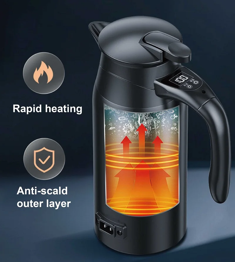 800ml Smart Car Kettle 12V/24V Universal Temperature Adjust Electric Kettle Travel/RV Insulated Kettle With Cigarette Lighter 4