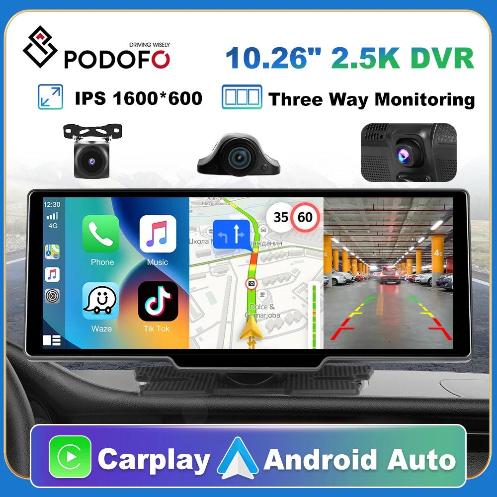 Podofo 10 Inch 2.5K Dash Cam with Carplay