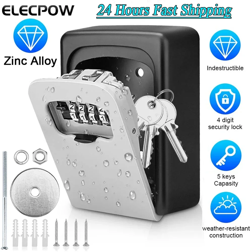 Elecpow Materiale Metallico Password Lock Storage Box Esterno Impermeabile Montaggio A Parete 4 Cifre Password Key Box Antifurto Key Safe Box