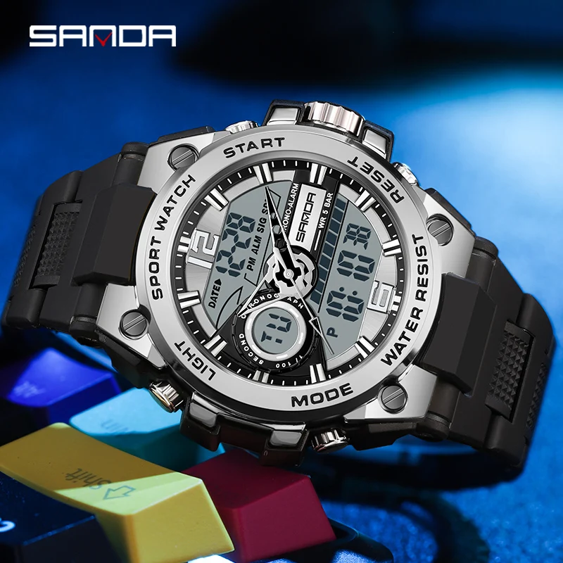 2023 SANDA Quartz Watch For Men Wristwatches 50M Waterproof Alarm Male Clock Dual Display Digital Wrist Watches Sports Watches